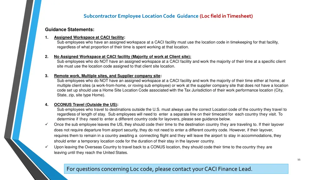 subcontractor employee location code guidance