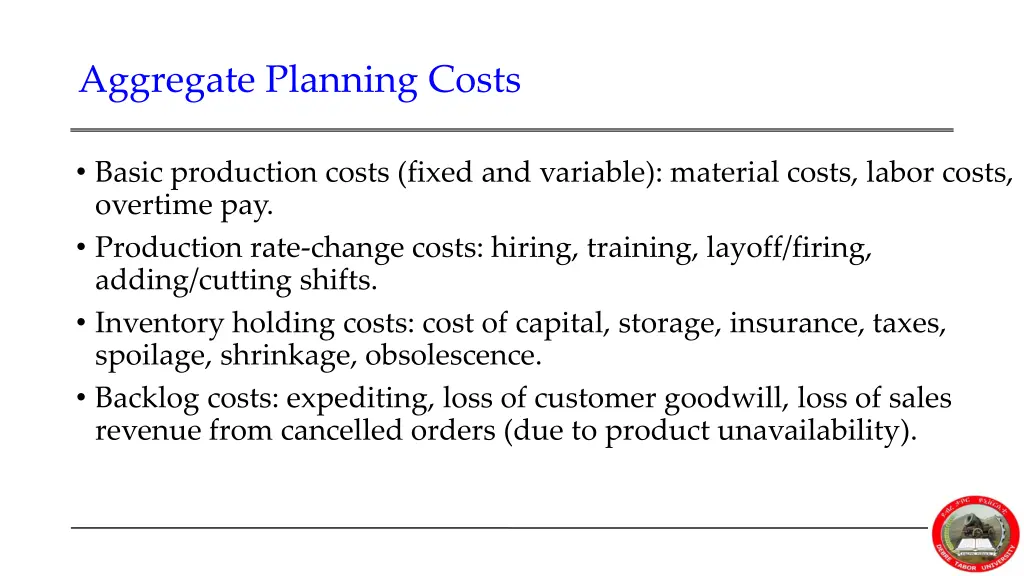 aggregate planning costs