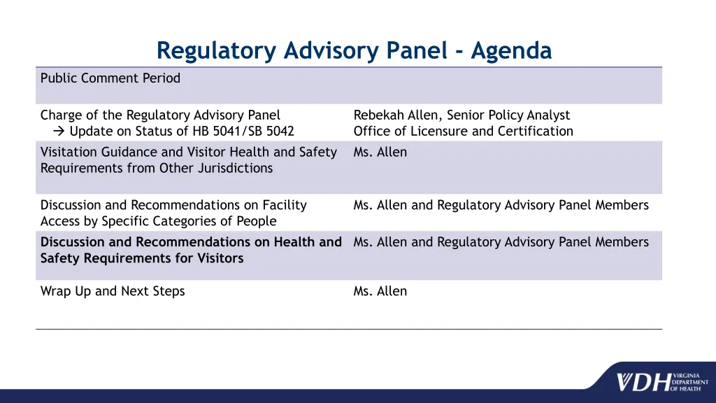 regulatory advisory panel agenda public comment