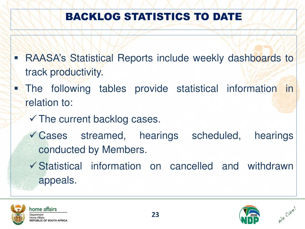 backlog statistics to date