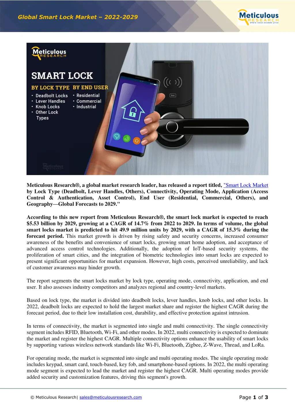 global smart lock market 2022 2029