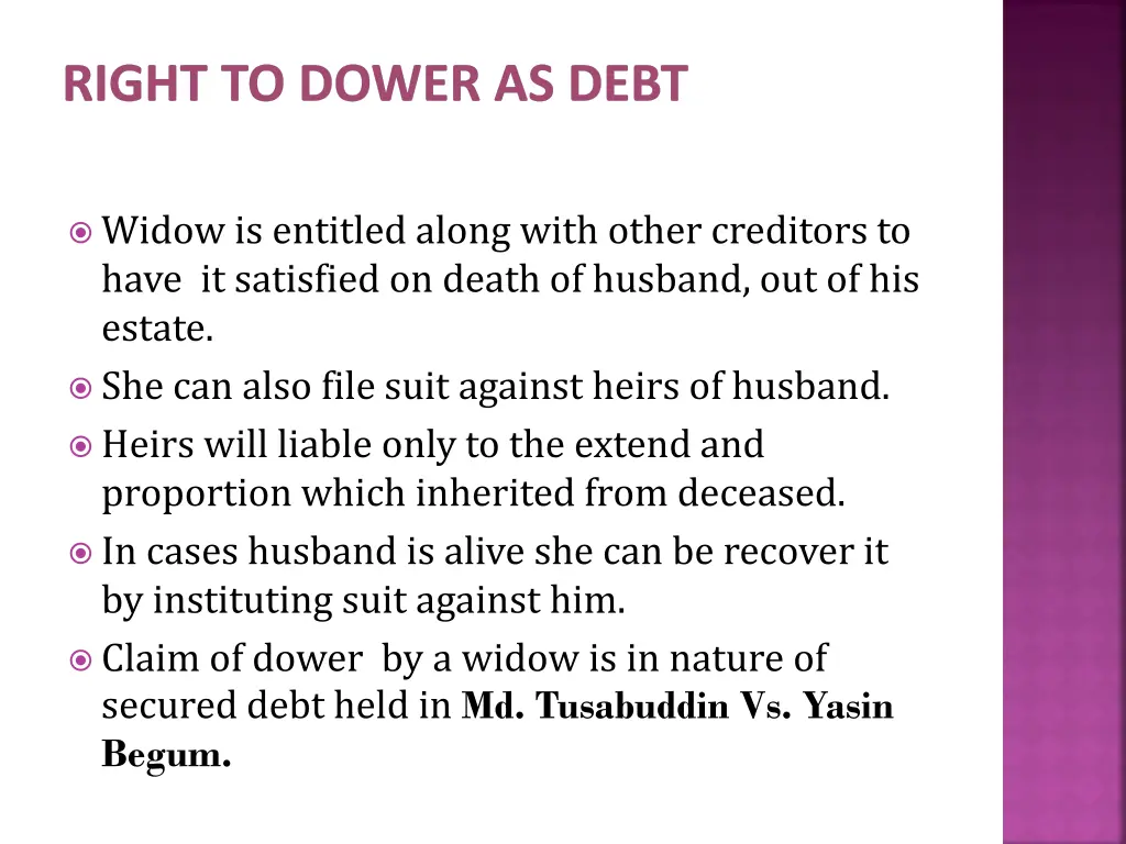 right to dower as debt