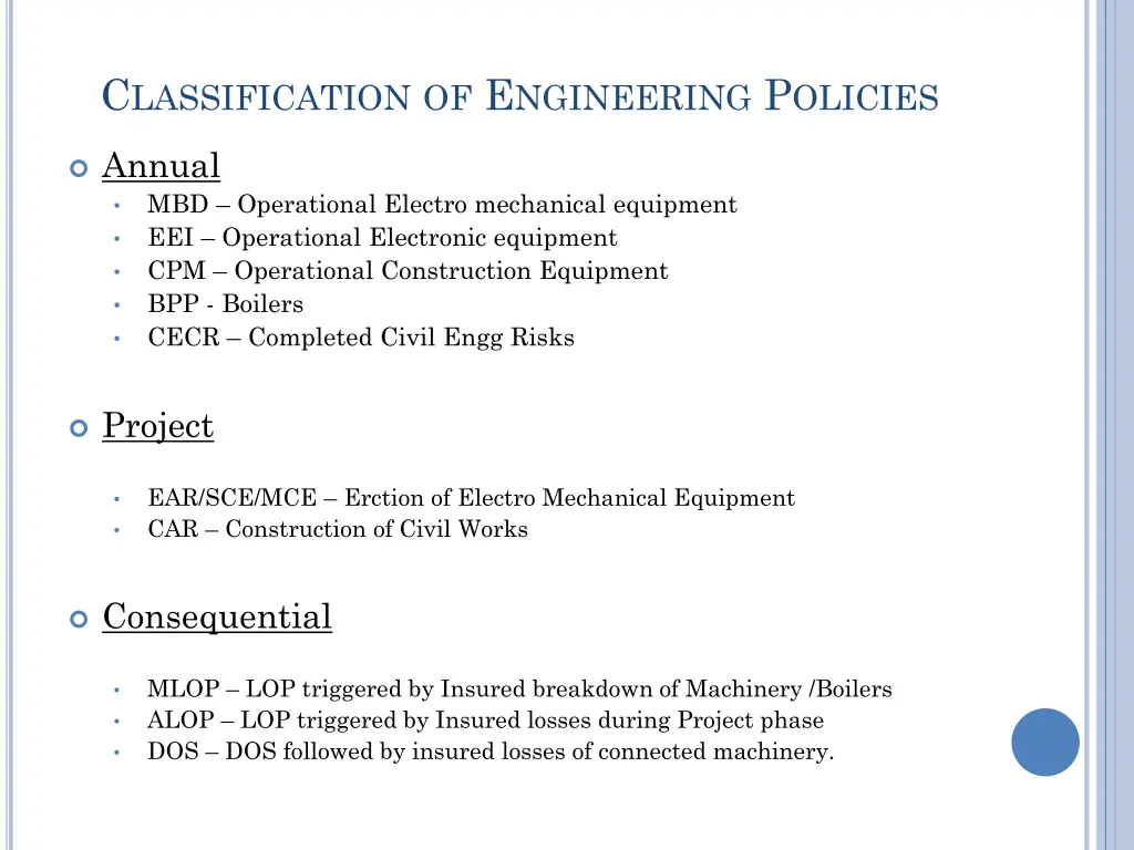 c lassification of e ngineering p olicies