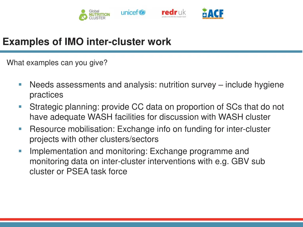 examples of imo inter cluster work