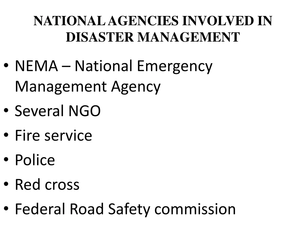 national agencies involved in disaster management