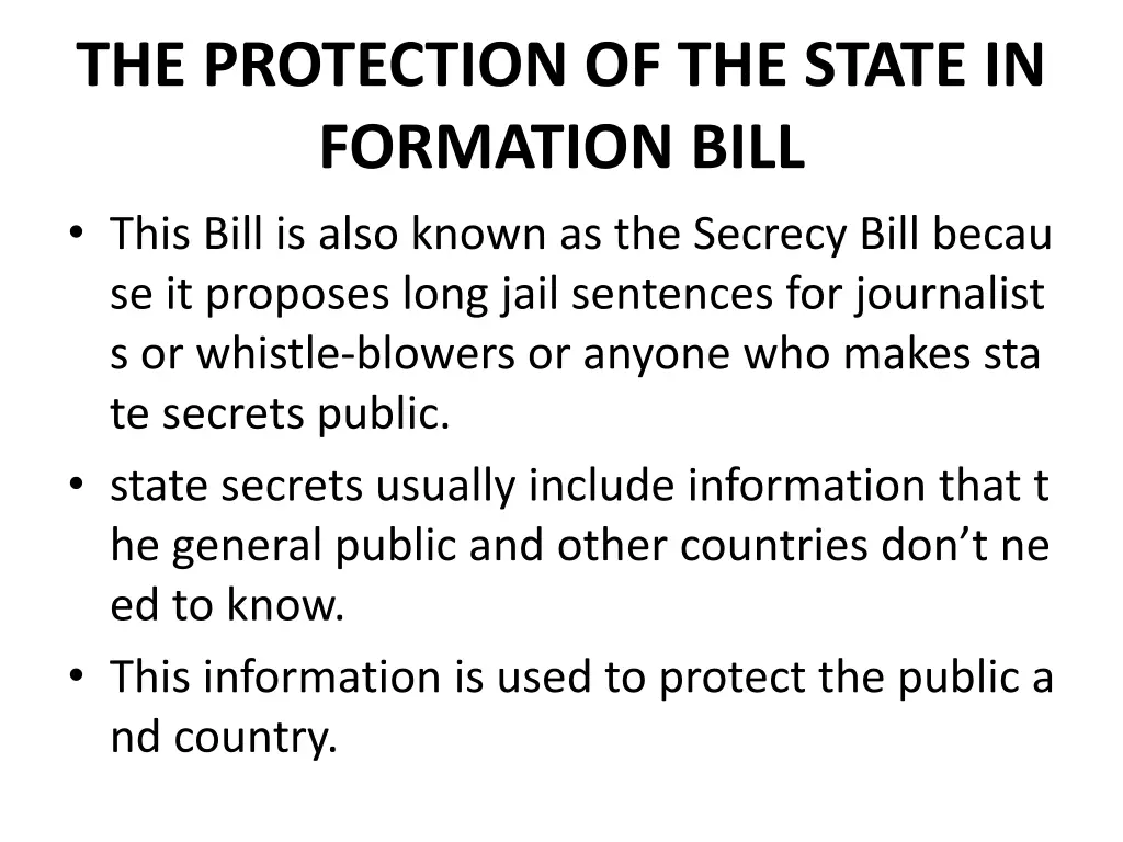 the protection of the state in formation bill