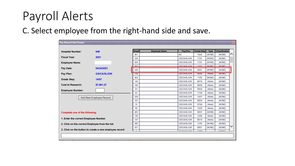 payroll alerts c select employee from the right