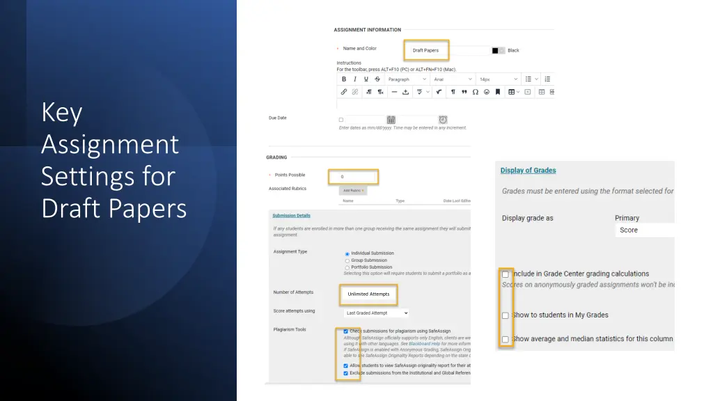 key assignment settings for draft papers