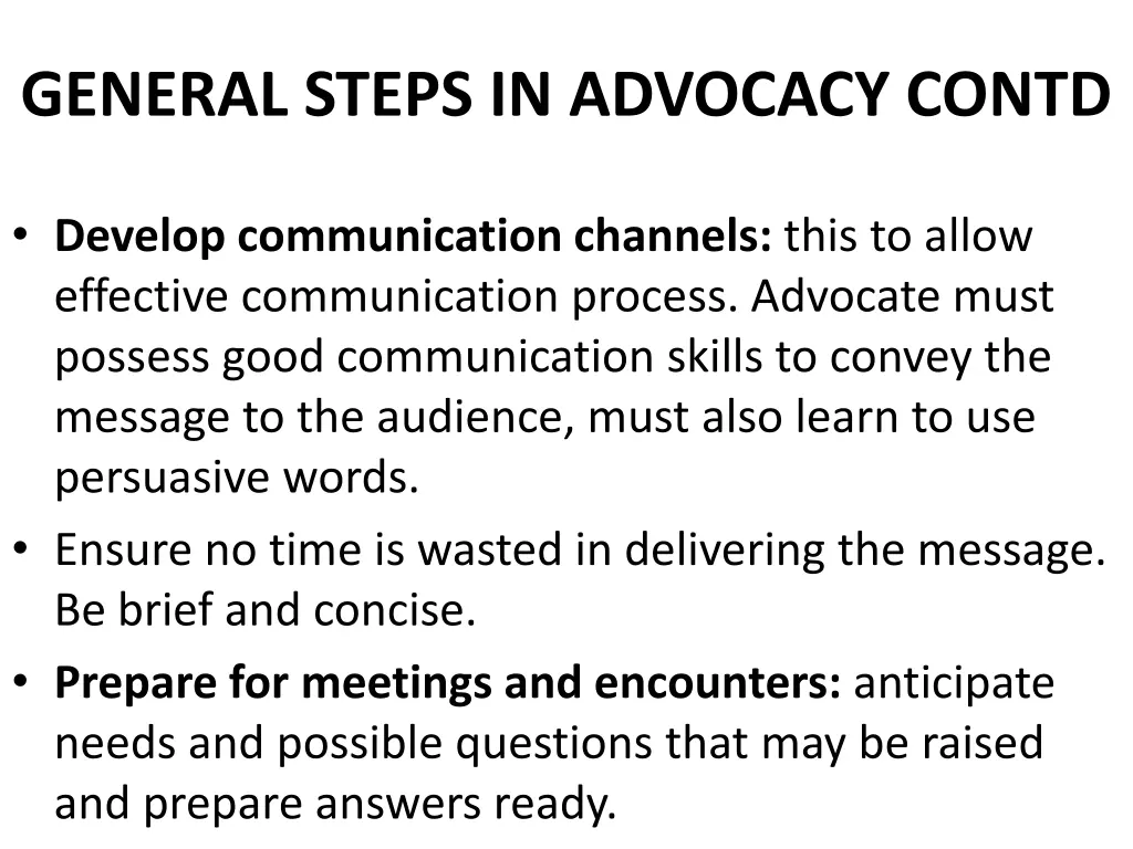 general steps in advocacy contd