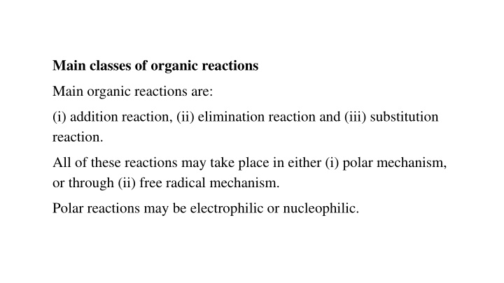 main classes of organic reactions