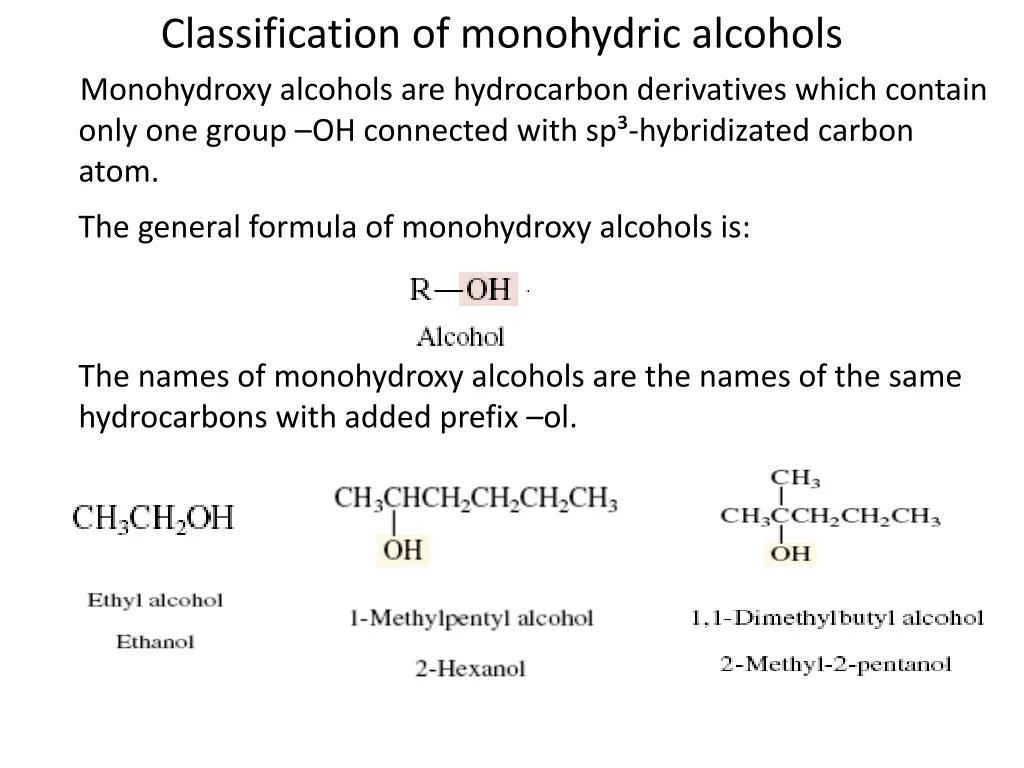 classification of monohydric alcohols monohydroxy