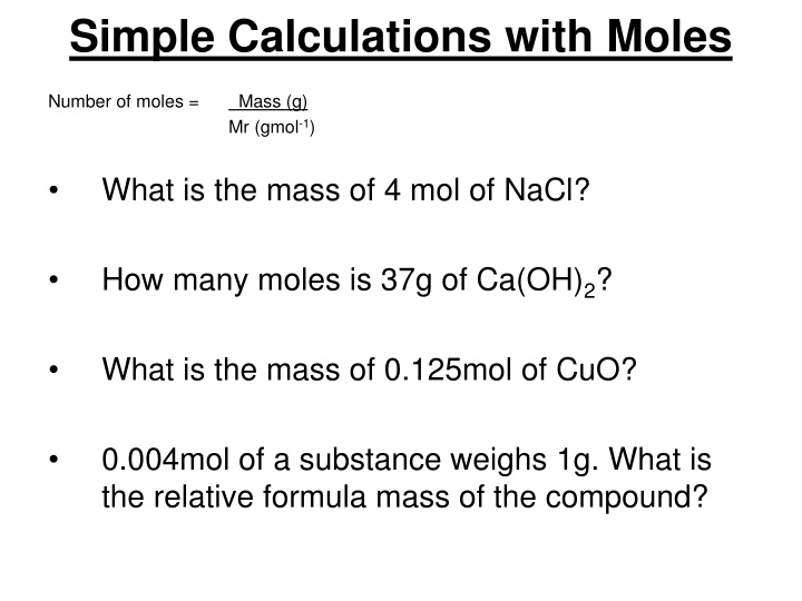 simple calculations with moles