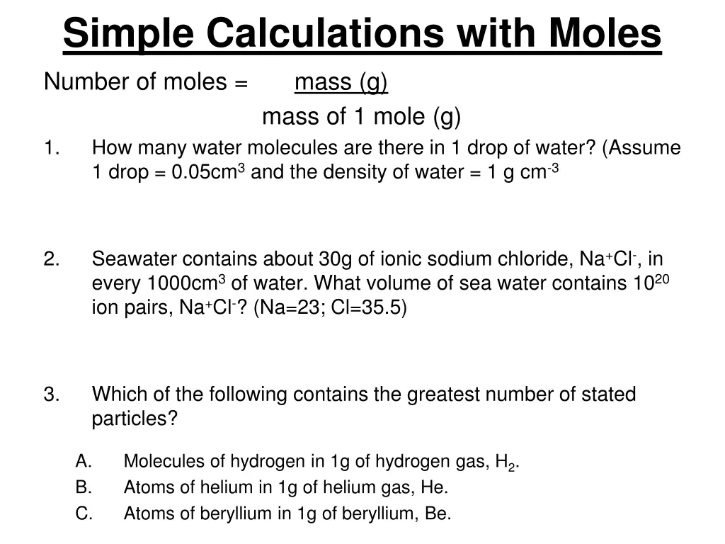 simple calculations with moles number of moles