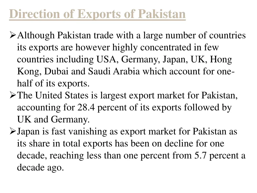 direction of exports of pakistan