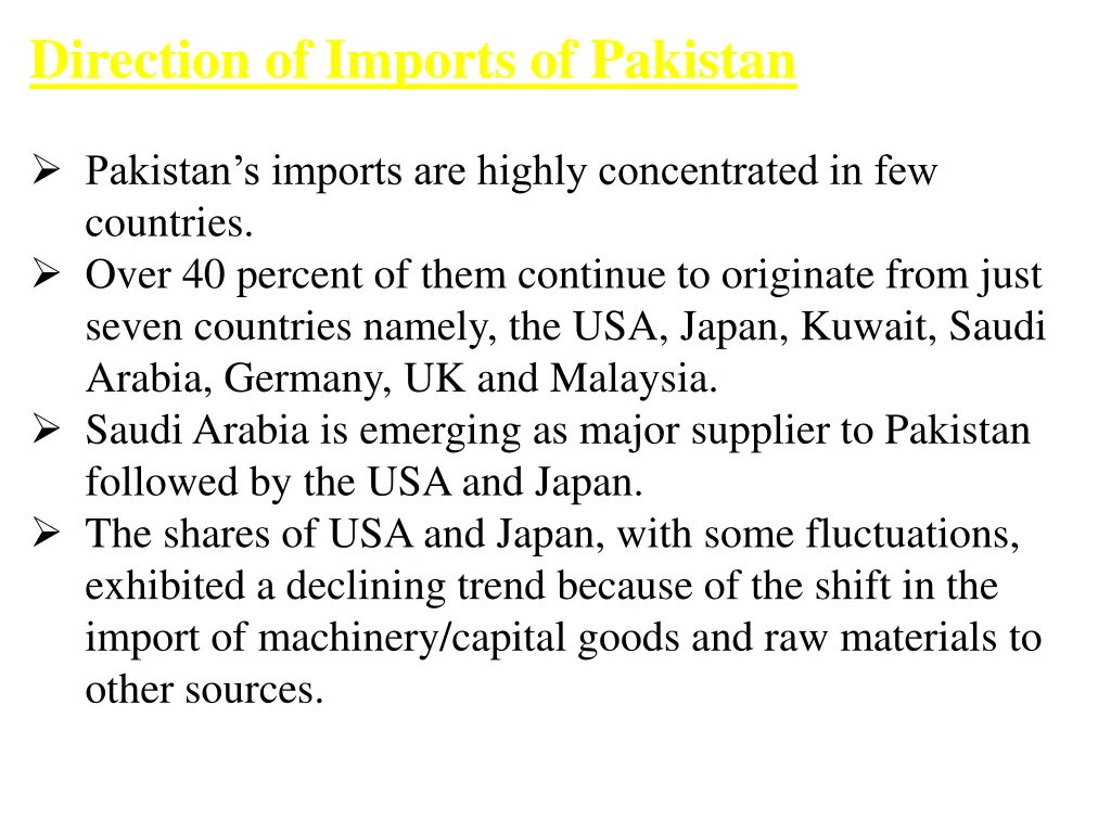 direction of imports of pakistan