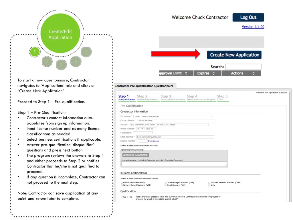 to start a new questionnaire contractor navigates