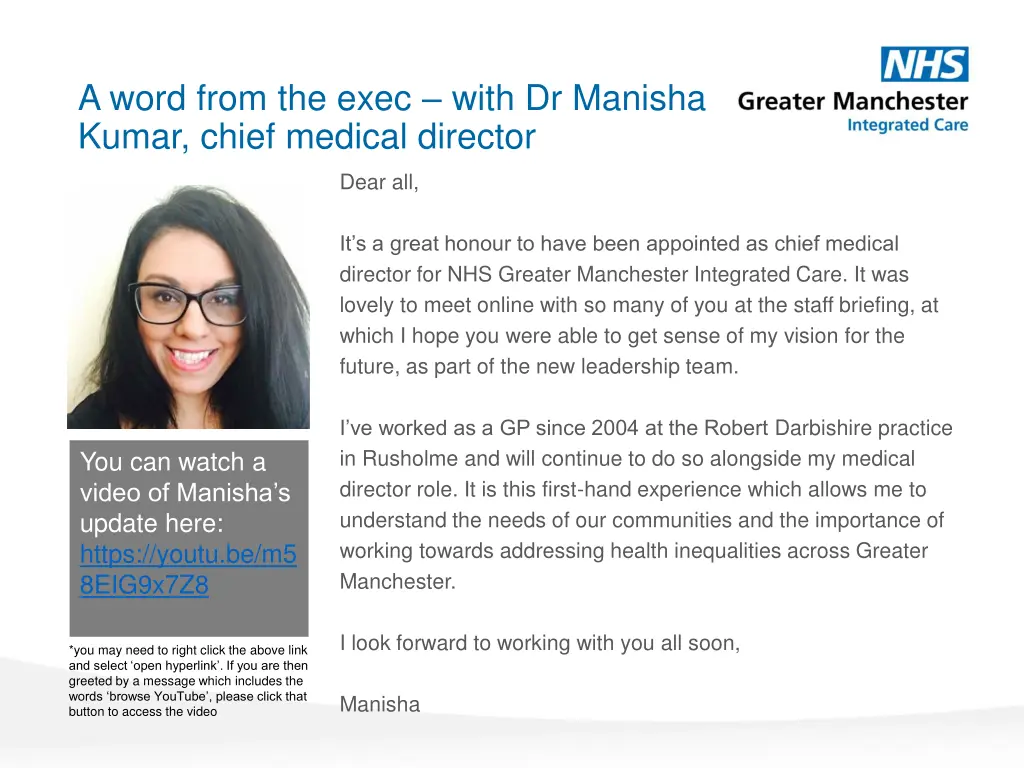 a word from the exec with dr manisha kumar chief