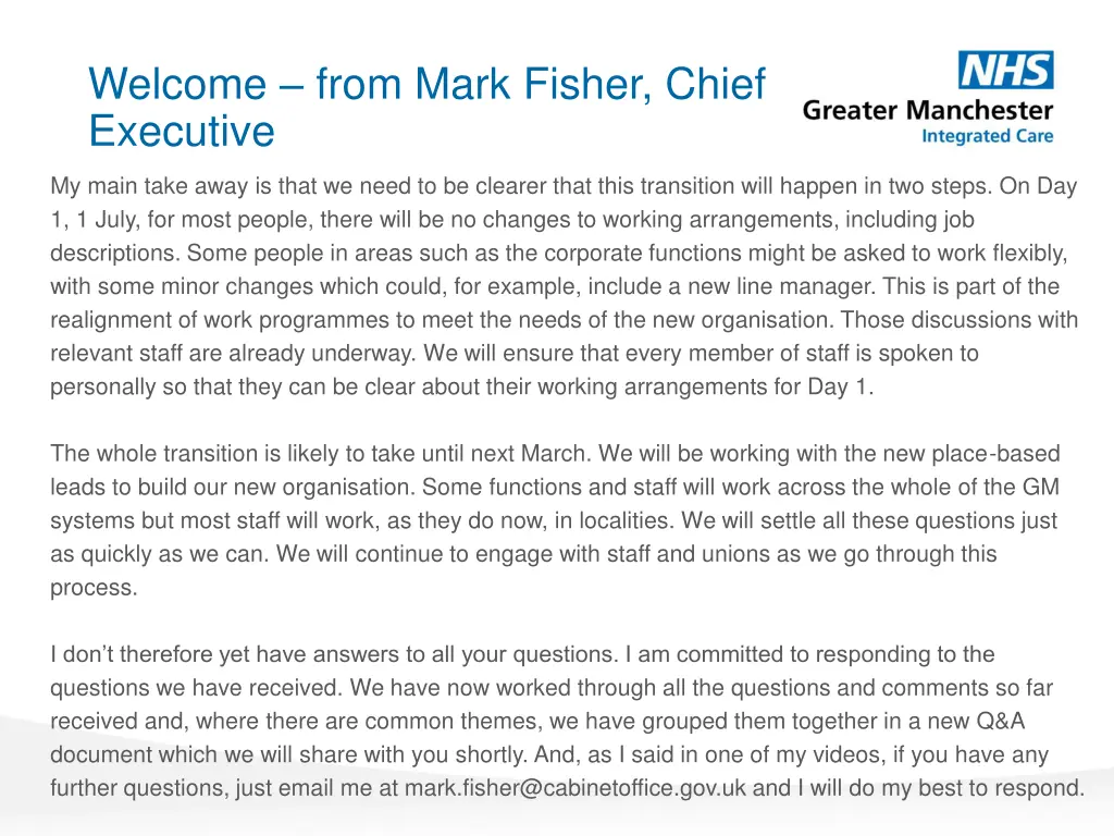 welcome from mark fisher chief executive