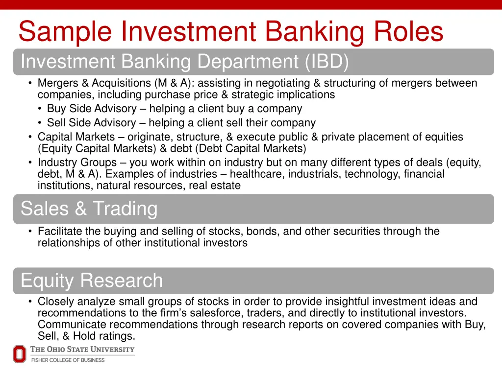 sample investment banking roles investment