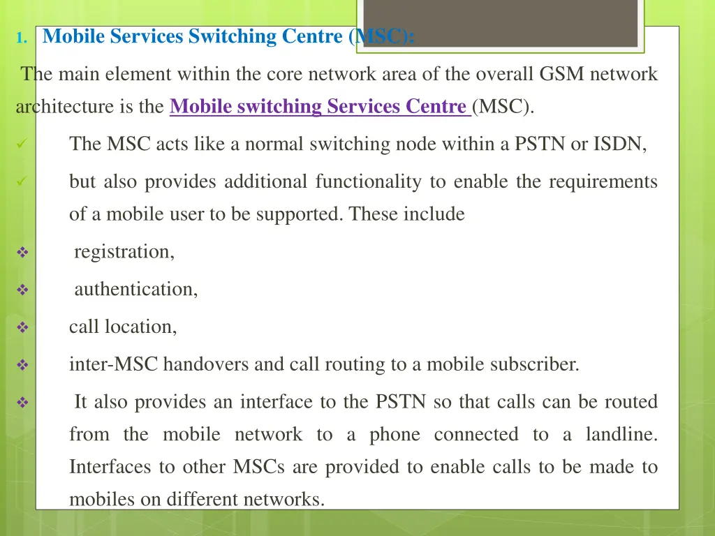 1 mobile services switching centre msc