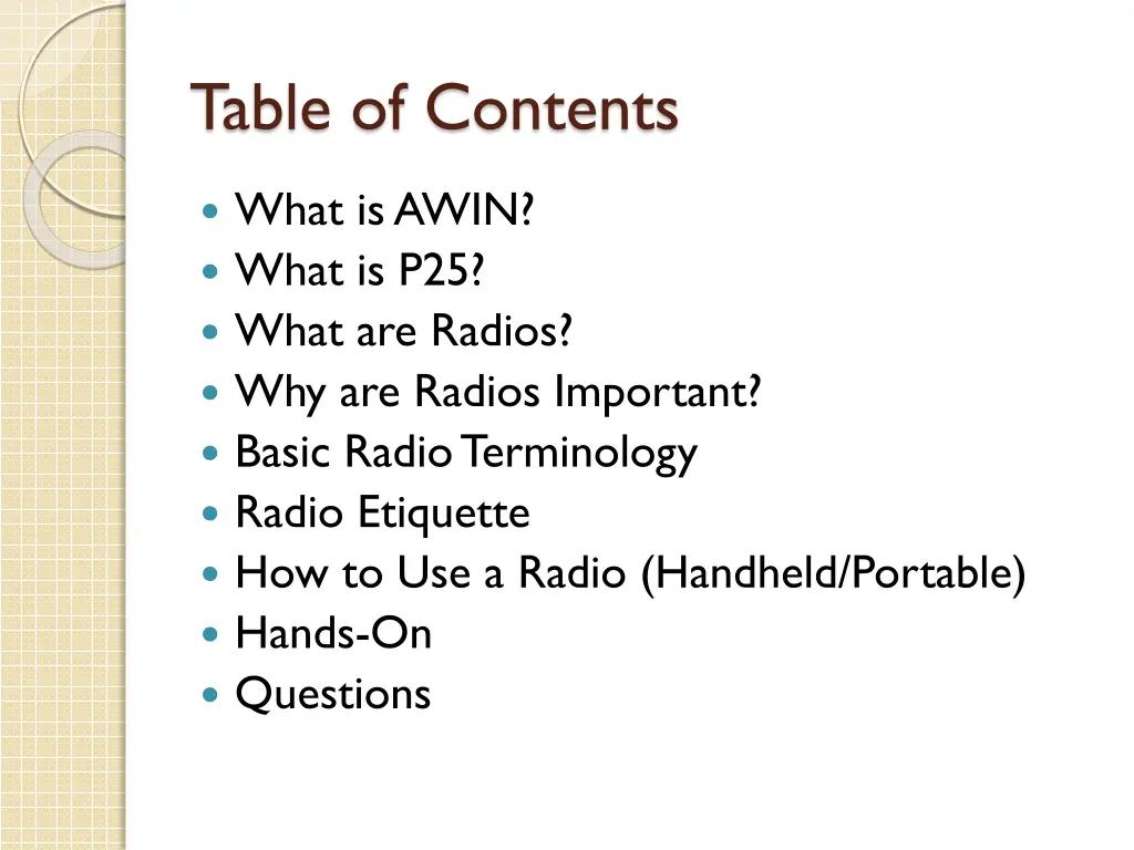 table of contents