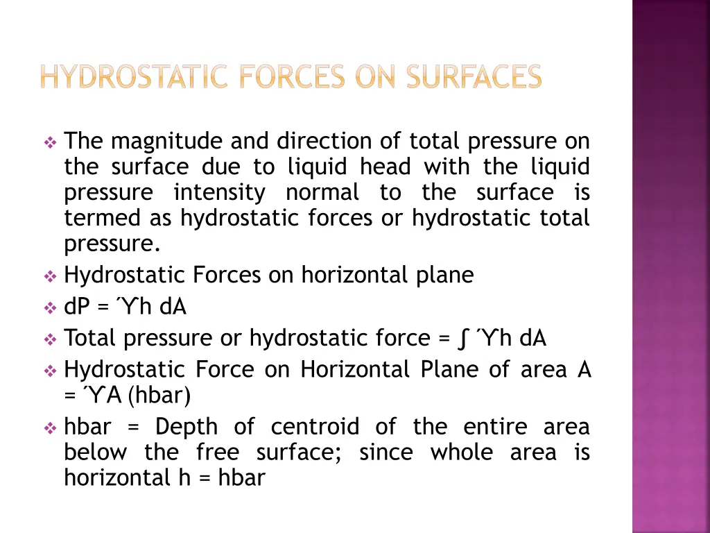 hydrostatic forces on surfaces