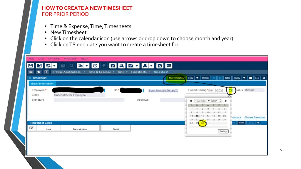 how to create a new timesheet for prior period