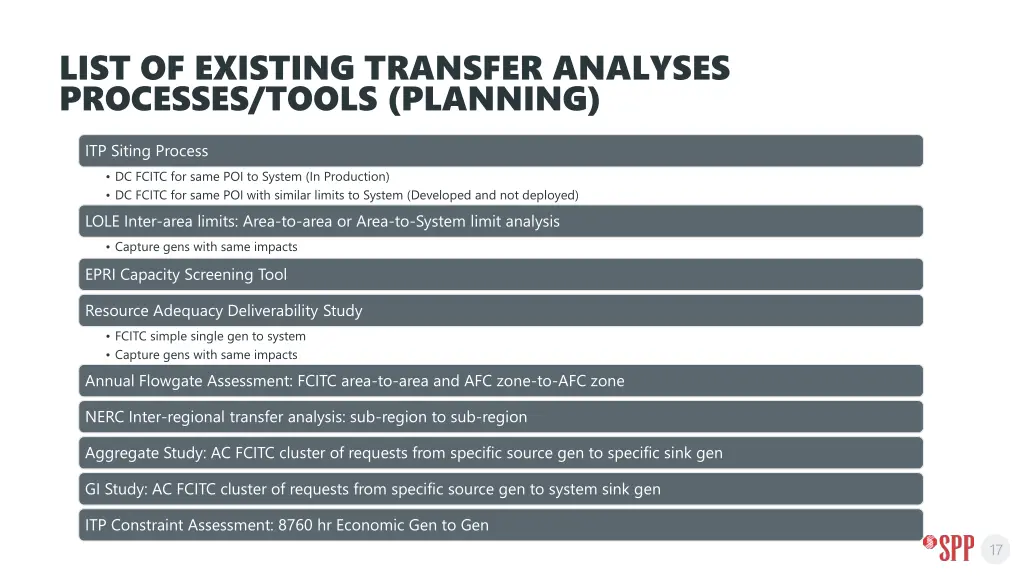 list of existing transfer analyses processes