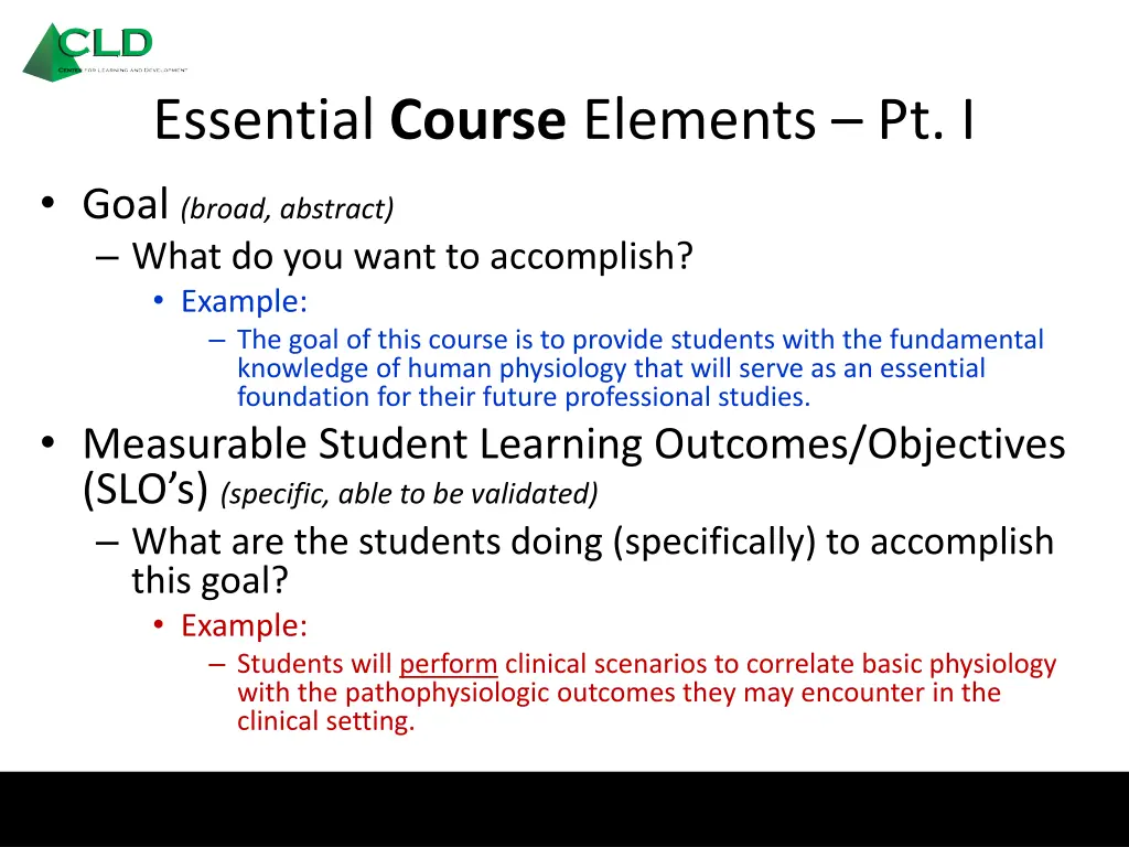 essential course elements pt i goal broad