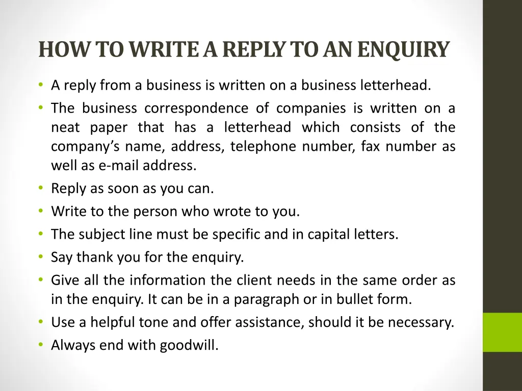 how to write a reply to an enquiry