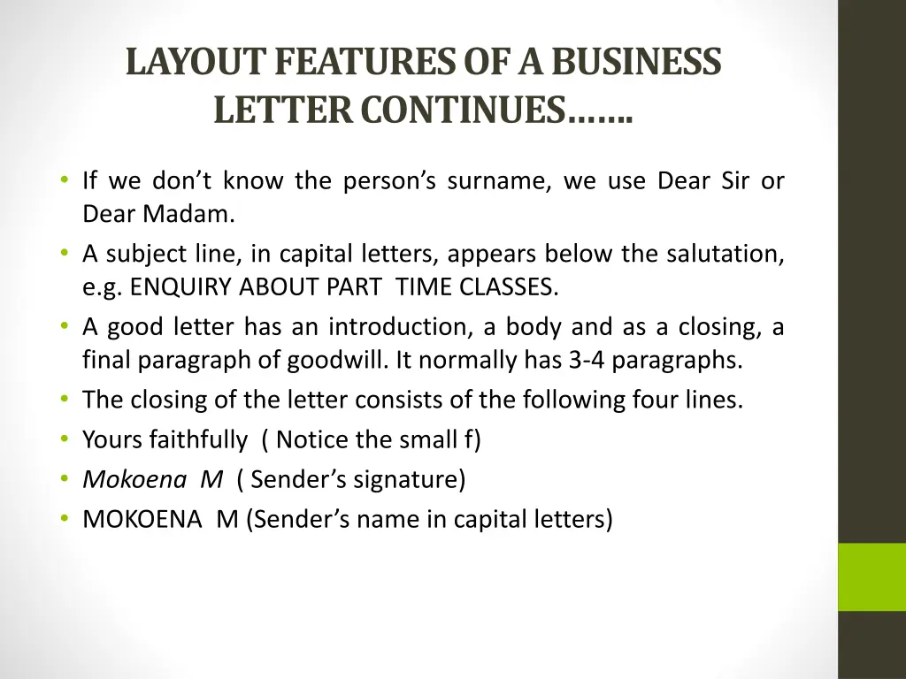 layout features of a business letter continues