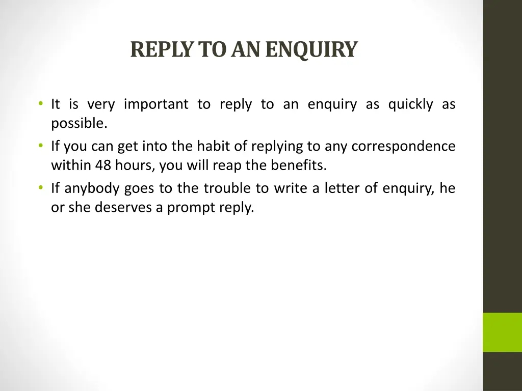 reply to an enquiry