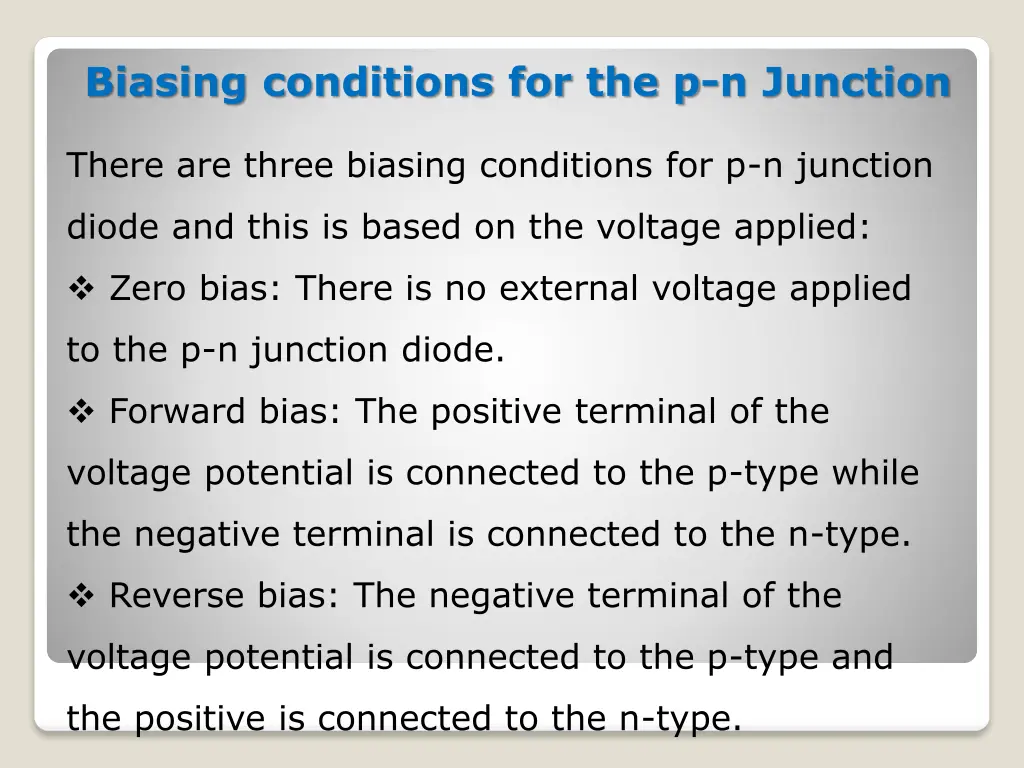 biasing conditions for the p n junction