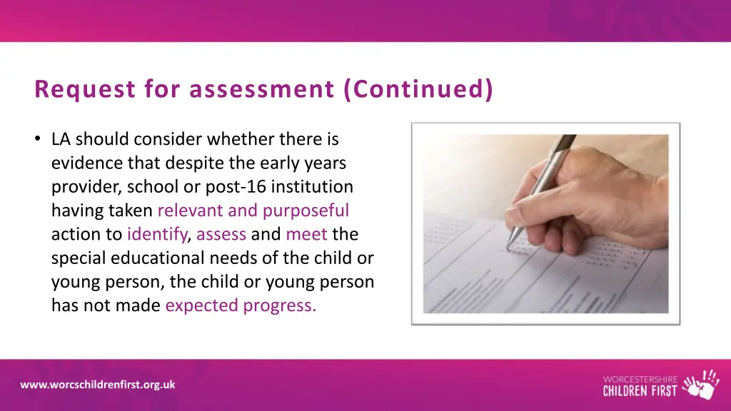 request for assessment continued