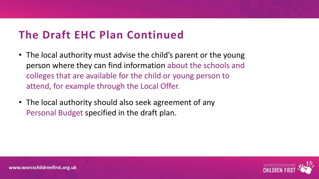 the draft ehc plan continued