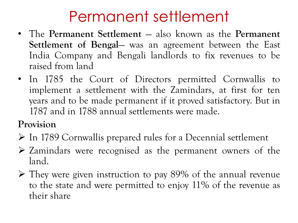 permanent settlement the permanent settlement