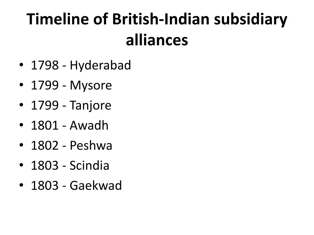 timeline of british indian subsidiary alliances