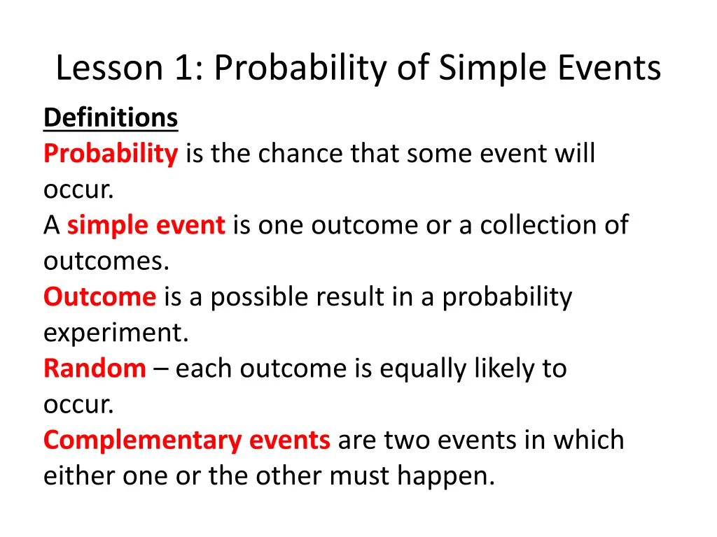 lesson 1 probability of simple events definitions