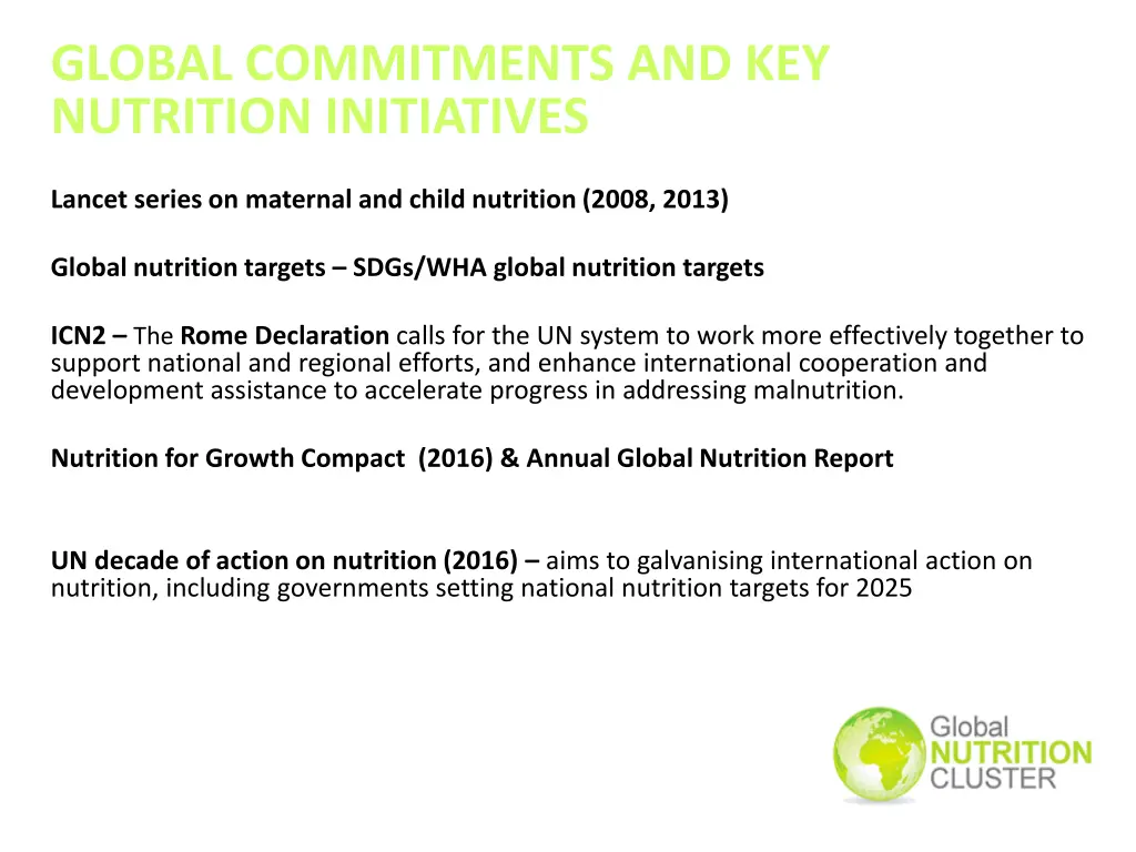 global commitments and key nutrition initiatives