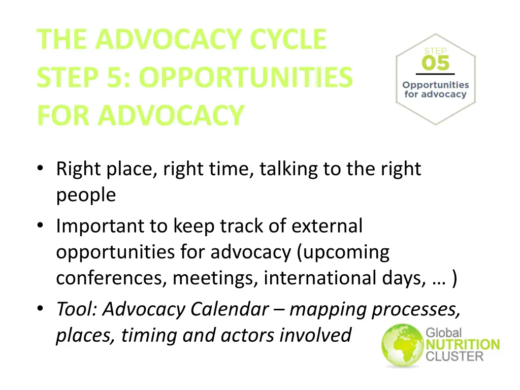 the advocacy cycle step 5 opportunities