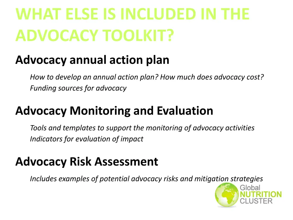 what else is included in the advocacy toolkit