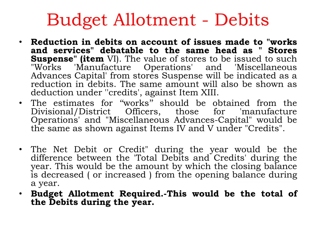 budget allotment debits