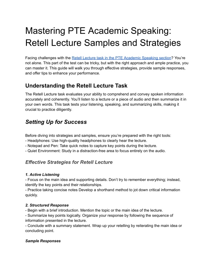 mastering pte academic speaking retell lecture