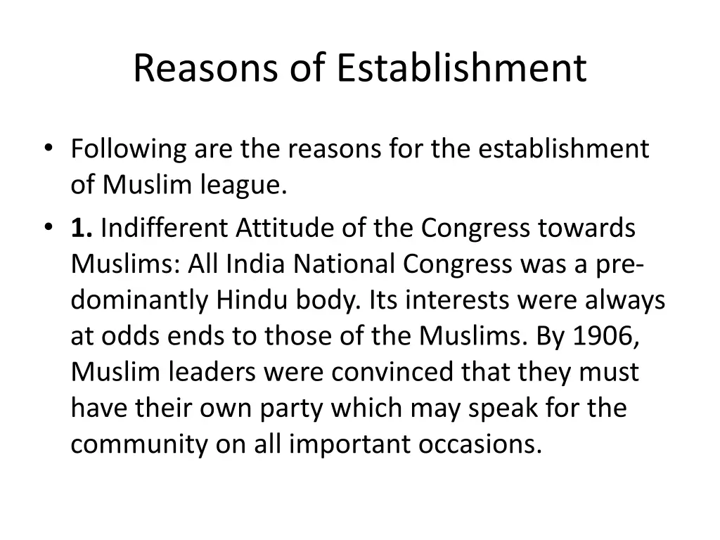 reasons of establishment