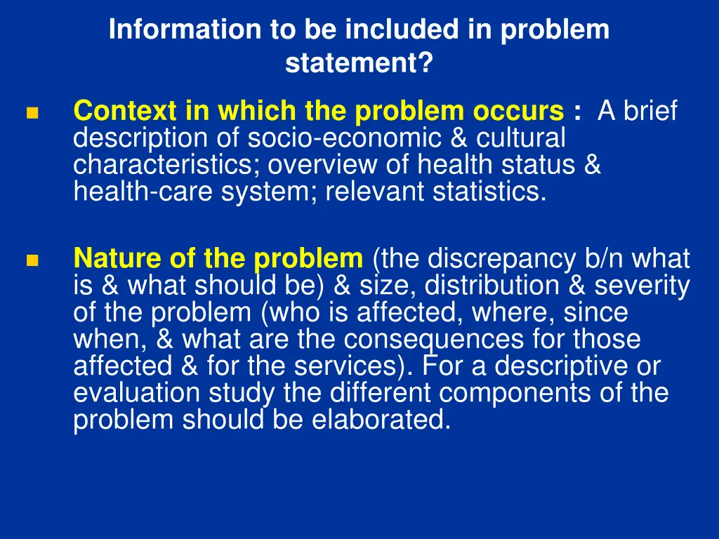 information to be included in problem statement