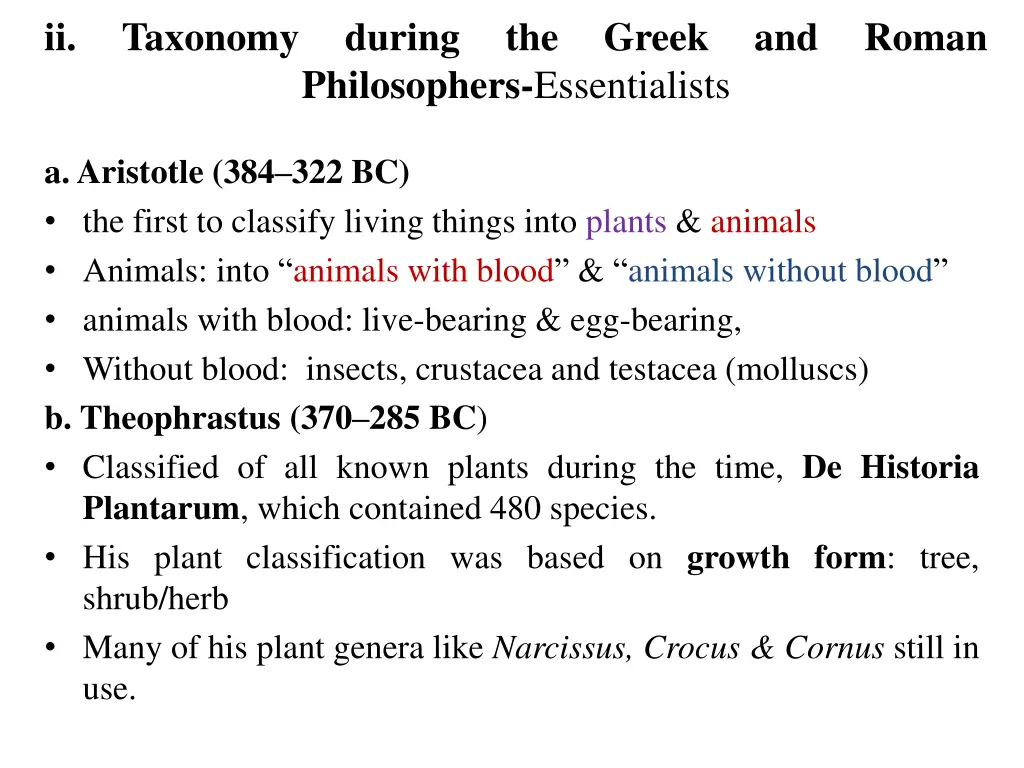 ii taxonomy during the greek and roman