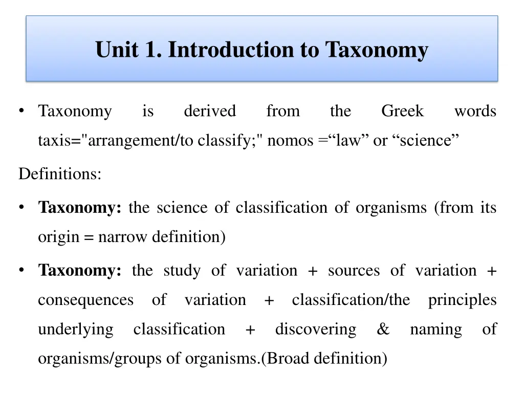 unit 1 introduction to taxonomy