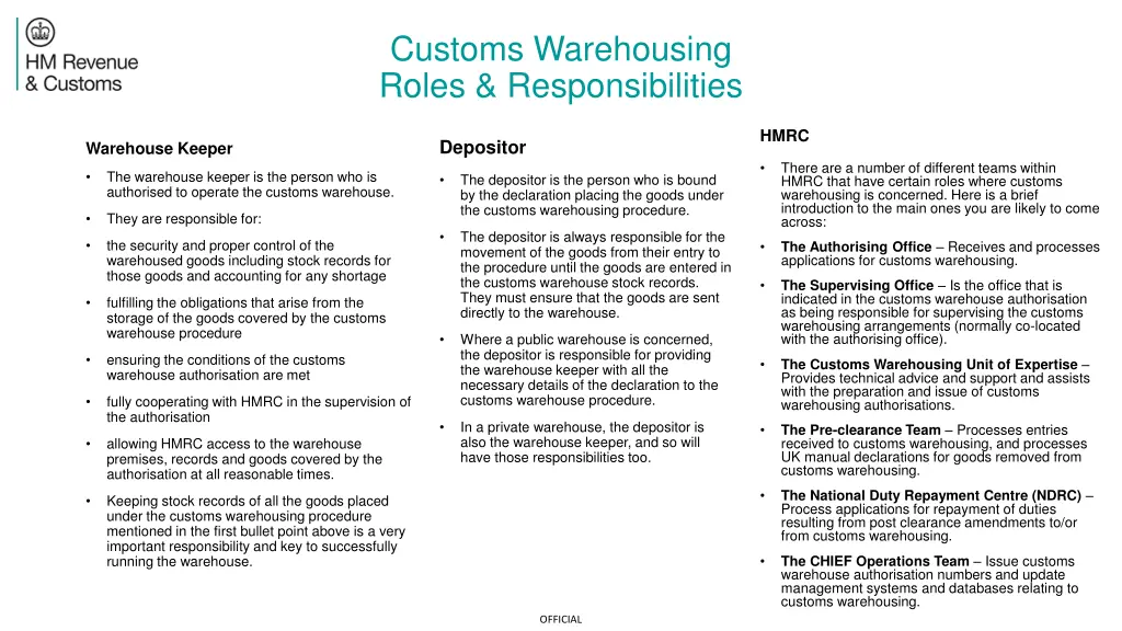 customs warehousing roles responsibilities