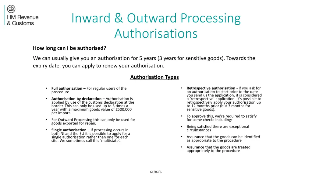 inward outward processing authorisations