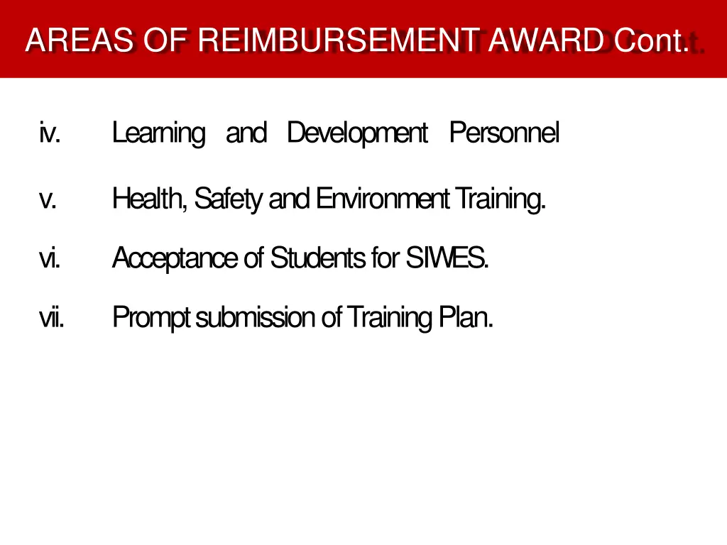 areas of reimbursement award cont